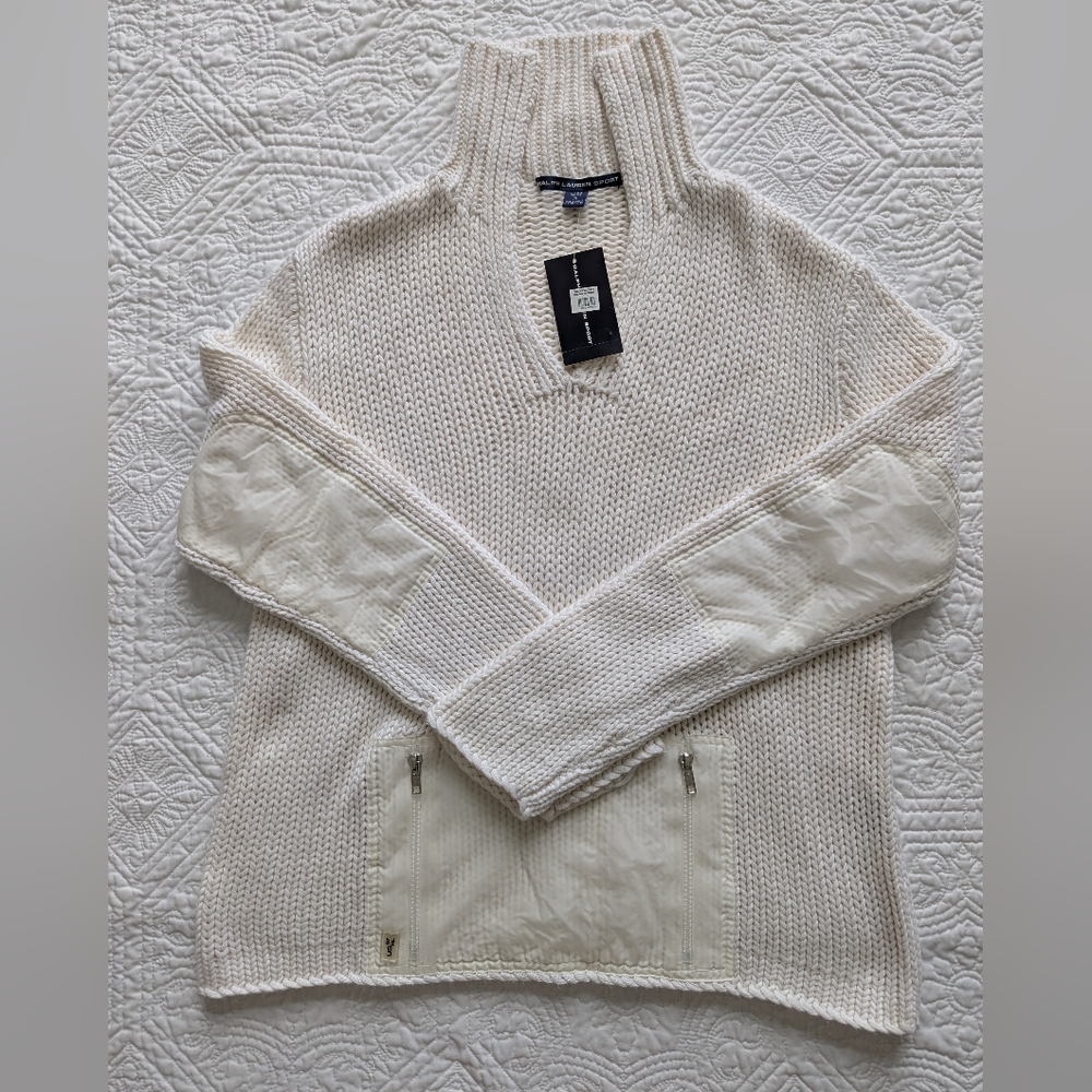 Ralph Lauren Off-White Turtleneck Sweater With Vinyl Elbow Patches & Pocket